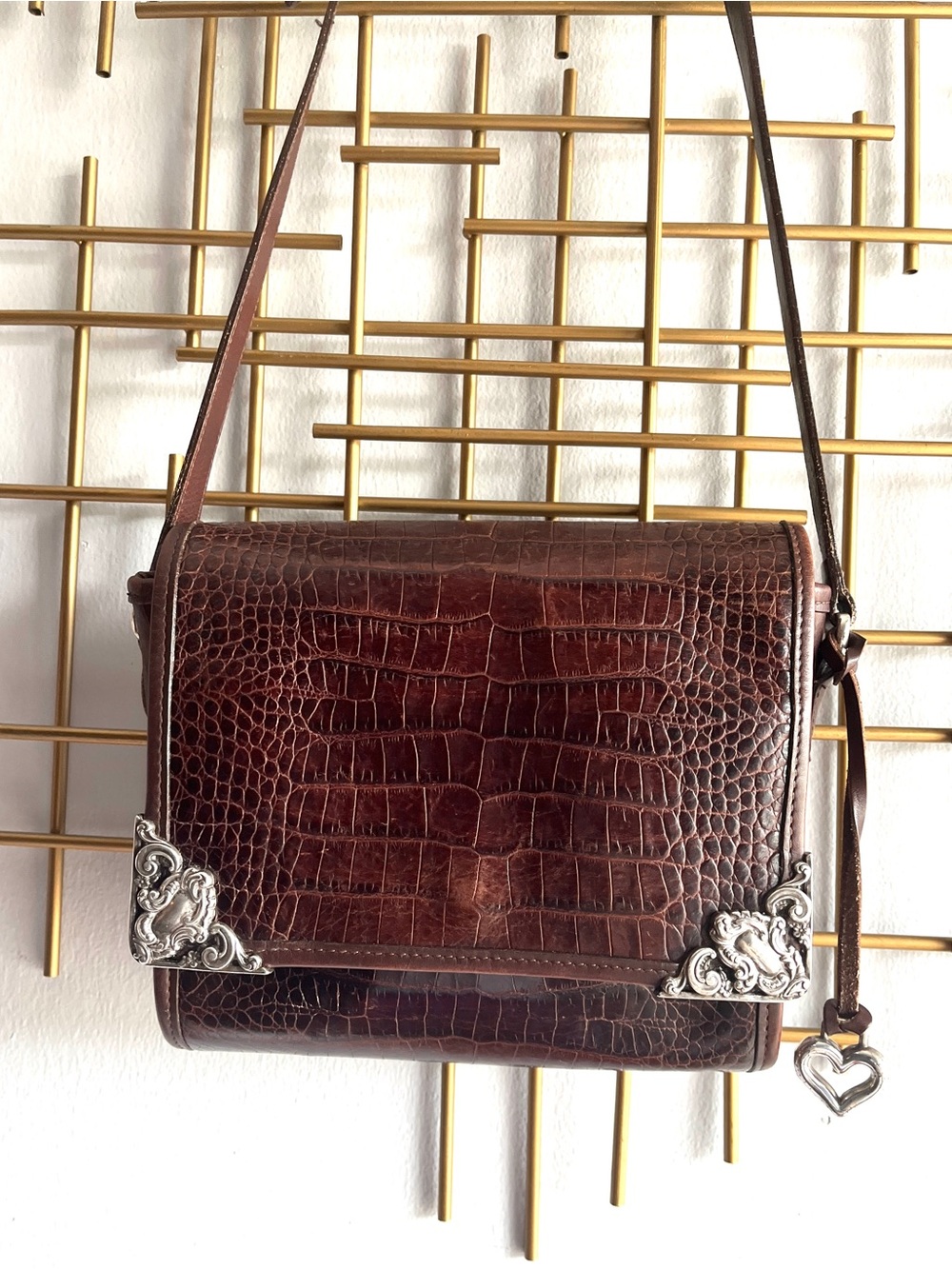 Brighton VTG 1996 Brown Leather Faux Croc Shoulder Bag Silver Corner Accents